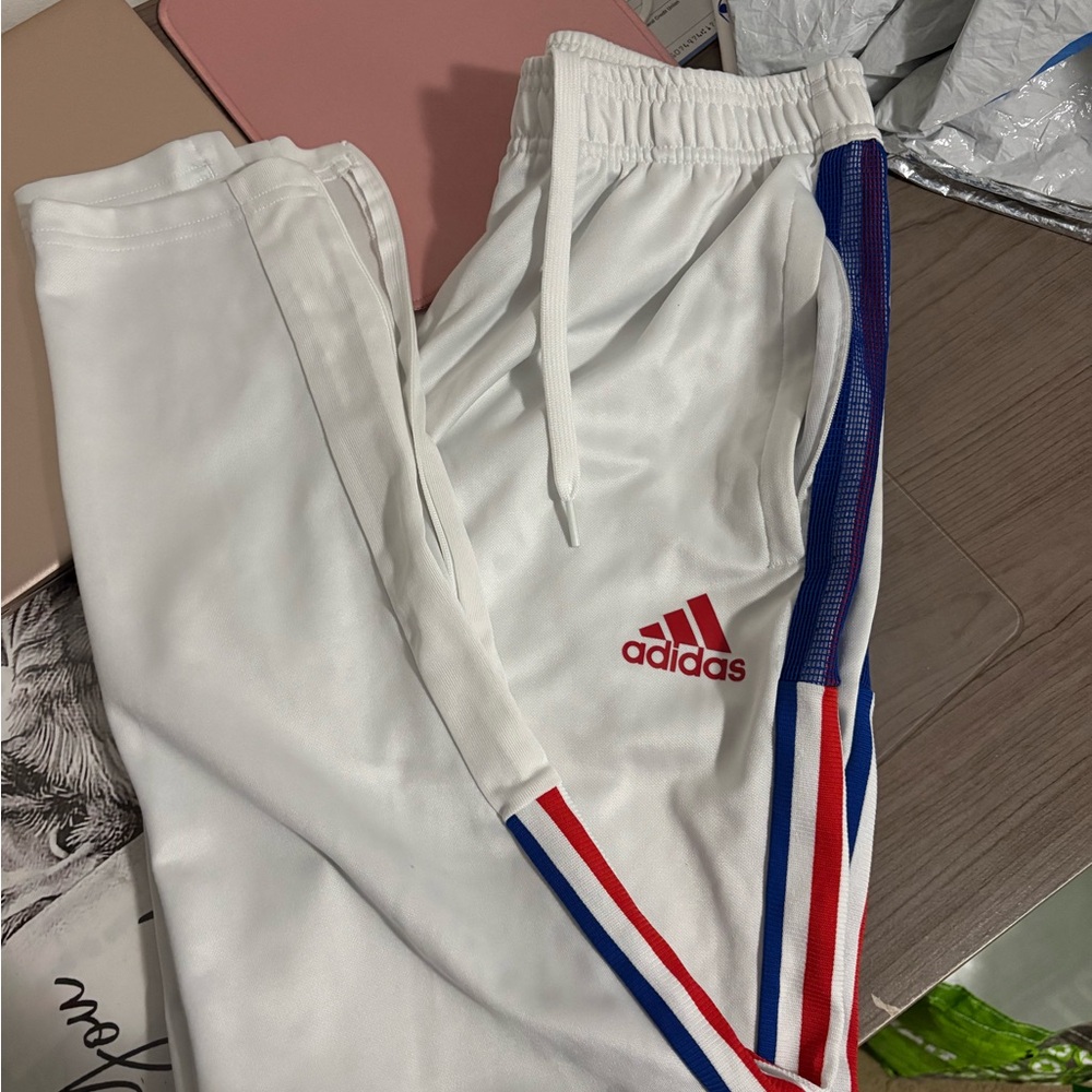 Adidas White Joggers with Red and Blue Stripes